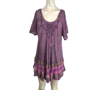 Sakkas Purple Tie Dye Embroidered Beaded Lace Up Boho Tunic Top Plus Size NEW